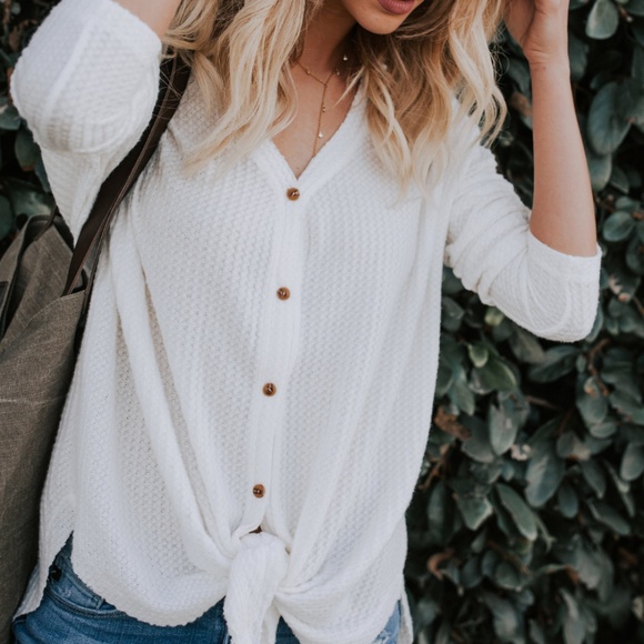 White Button Up Waffle Knit Thermal - Picture 3 of 8